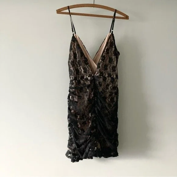 NWT Lulus Frilled to Be Here Ruched Lace Minidress Black Lace Party Dress M - Picture 5 of 6